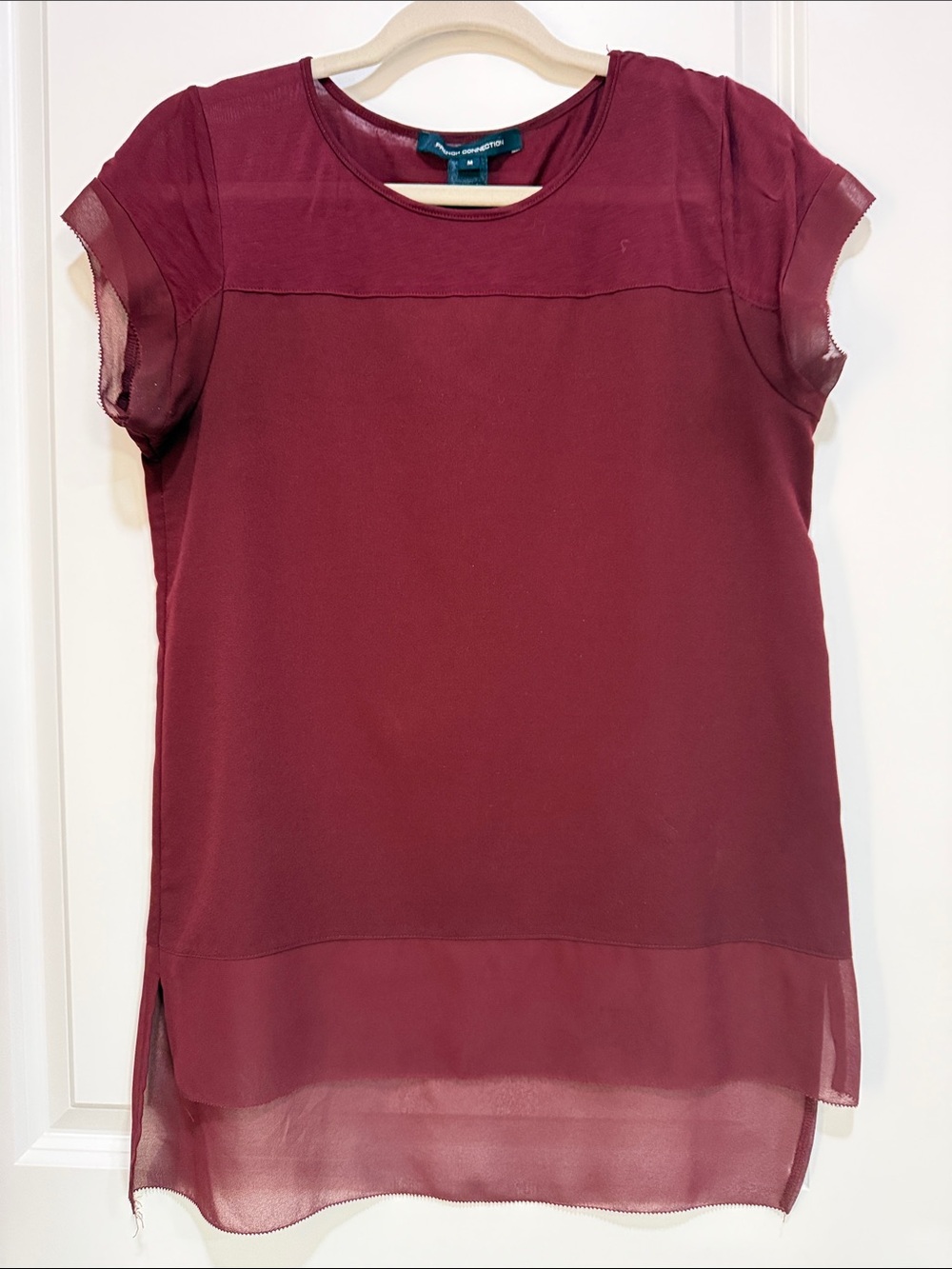 French Connection Burgundy Short-Sleeve Tunic with Sheer Hem